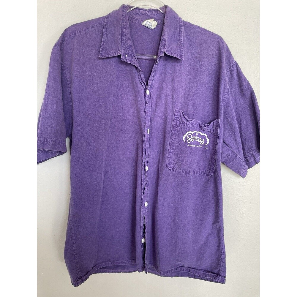 VINTAGE Pericos Cancun Shirt Purple Skeleton Graphic Button Up L Short Sleeve